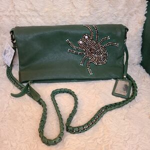 Dark Green Leather foldover purse with embellished spider